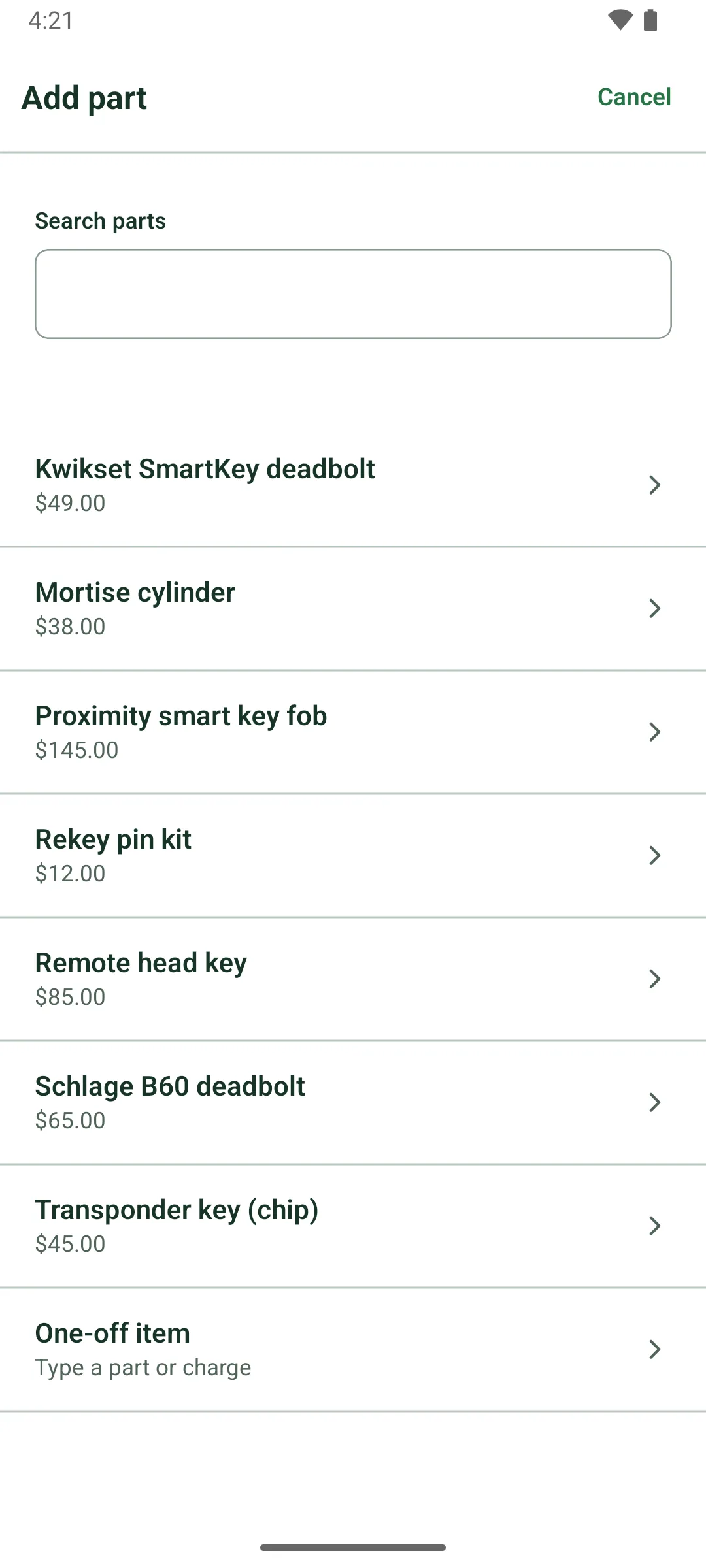 The Add part sheet: a parts search and the saved parts list with prices, such as Kwikset SmartKey deadbolt $49.00, Proximity smart key fob $145.00 and Transponder key (chip) $45.00, plus One-off item to type a part or charge.