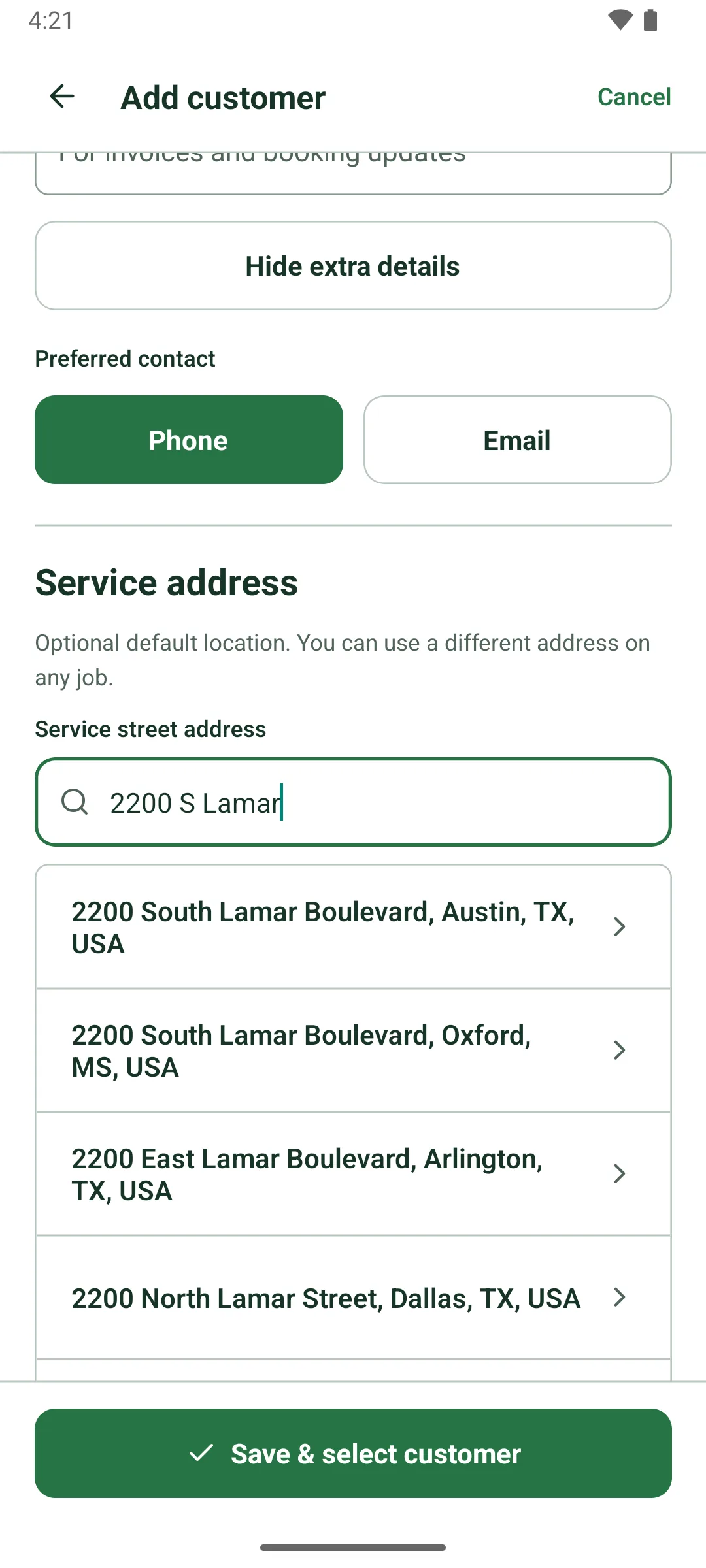 Adding a customer's service address: 2200 S Lamar typed, with address suggestions below, such as 2200 South Lamar Boulevard, Austin, TX. Preferred contact is set to Phone. Save & select customer at the bottom.