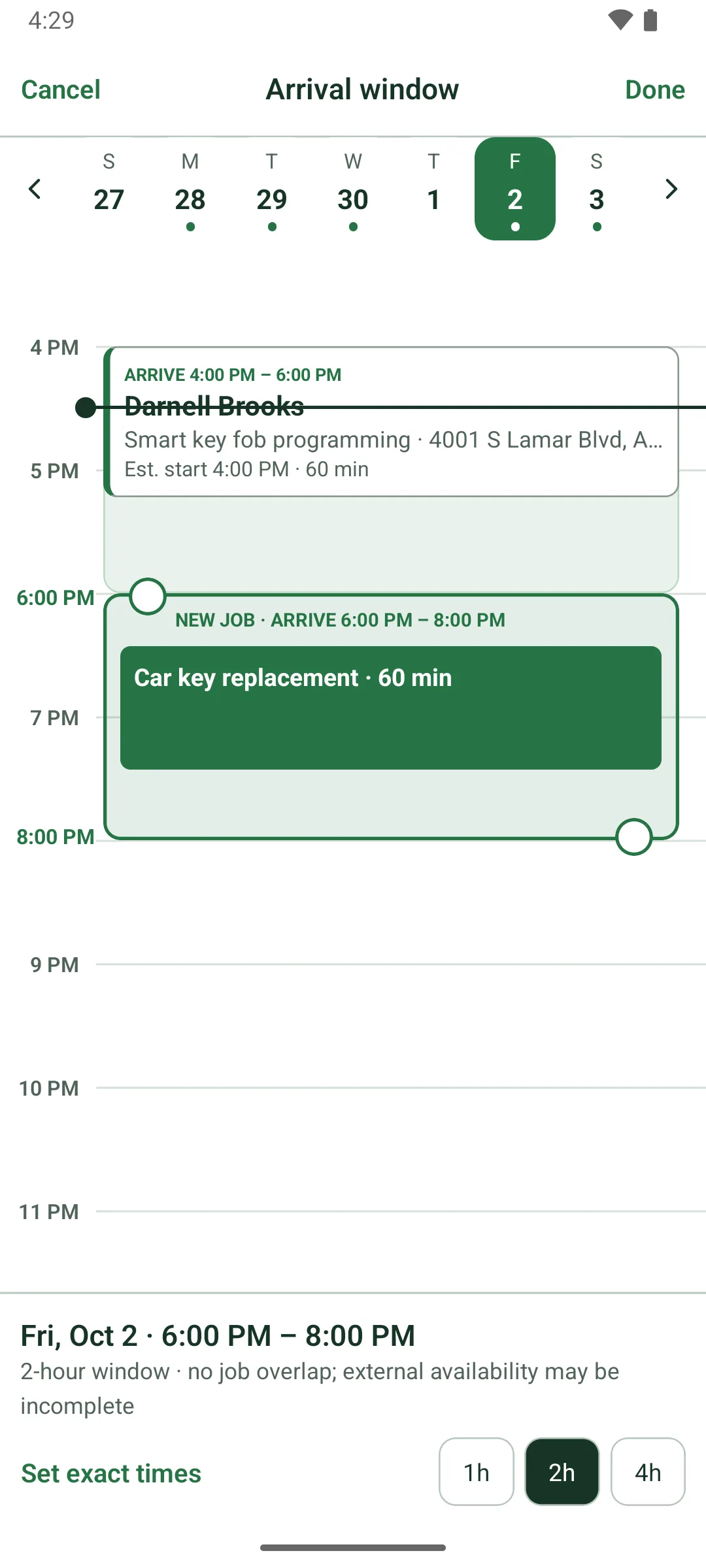 The Arrival window picker for Friday, October 2: Darnell Brooks is booked to arrive 4:00 to 6:00 PM, and the new job, Car key replacement, 60 min, sits in a 6:00 to 8:00 PM window with a handle at each end. Below: 2-hour window, no job overlap; external availability may be incomplete. Set exact times and 1h, 2h, 4h buttons.