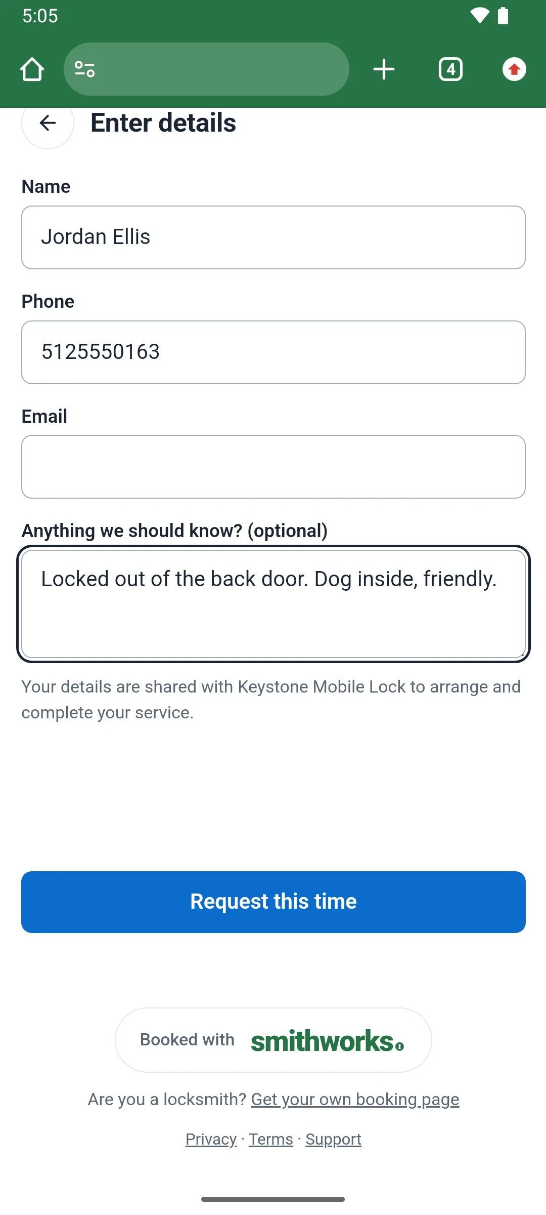 The booking page's Enter details step filled in by the customer: name Jordan Ellis, a phone number, an Email field and the note Locked out of the back door. Dog inside, friendly. Your details are shared with Keystone Mobile Lock to arrange and complete your service. A Request this time button sits below.