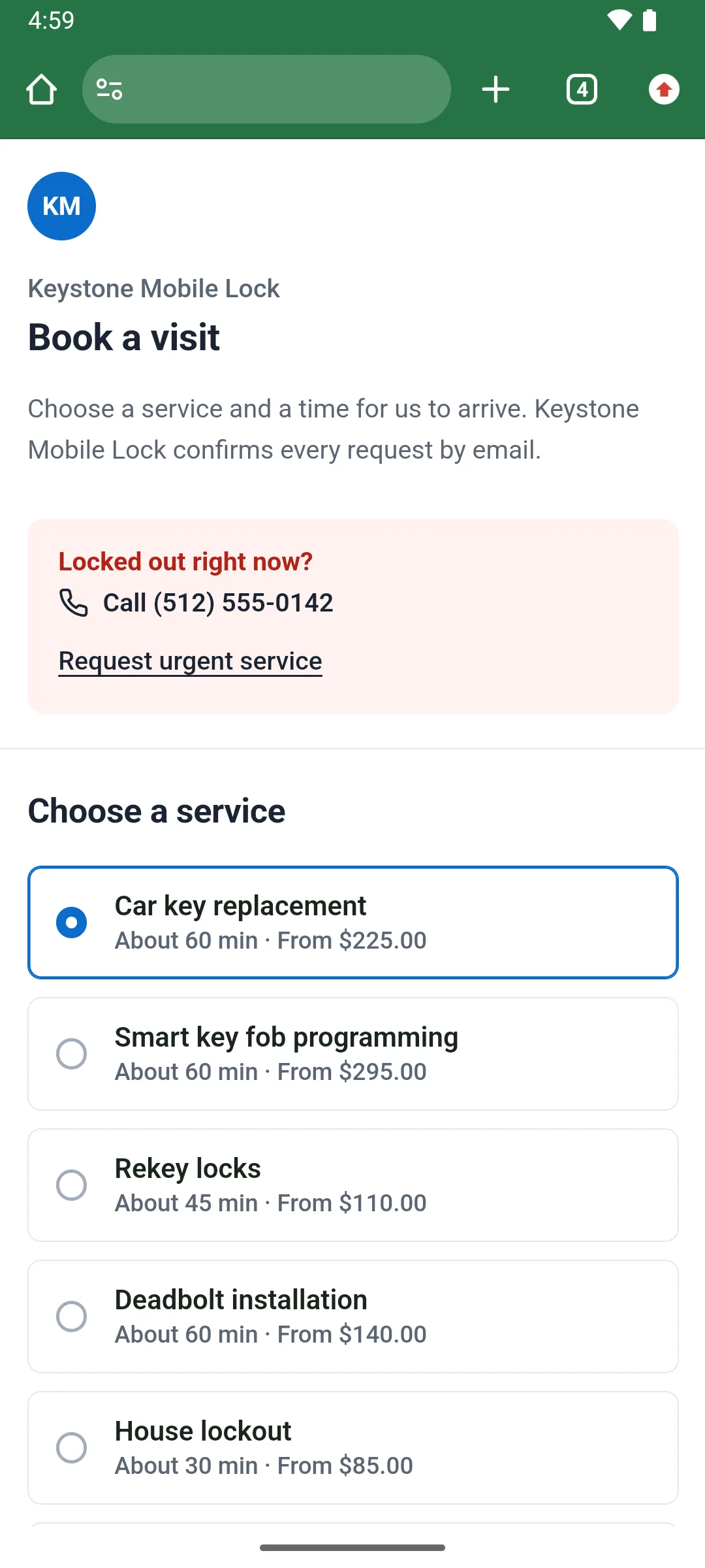 The customer booking page for Keystone Mobile Lock in a phone browser: Book a visit, a Locked out right now? box with the phone number and Request urgent service, then Choose a service with Car key replacement selected (about 60 min, from $225.00), Smart key fob programming, Rekey locks, Deadbolt installation and House lockout.