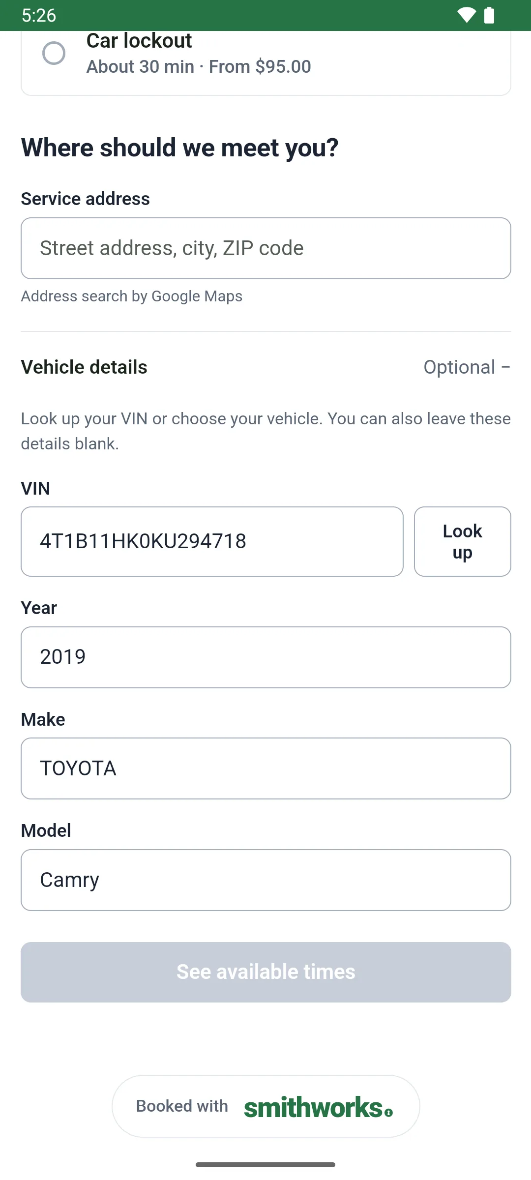 The booking page's optional Vehicle details: the customer entered VIN 4T1B11HK0KU294718 with a Look up button, and the year 2019, make TOYOTA and model Camry are filled in.