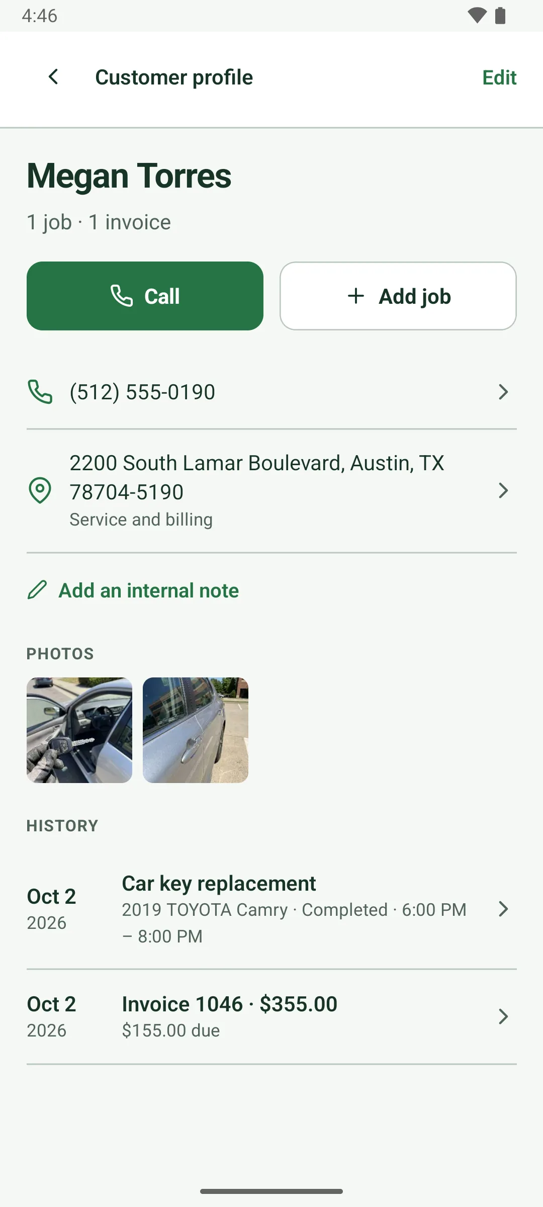 Megan Torres's customer profile: 1 job, 1 invoice, Call and Add job buttons, phone, address, Add an internal note, two job photos of a silver car, and a history: Oct 2 car key replacement on a 2019 Toyota Camry, completed, and invoice 1046 for $355.00 with $155.00 due.