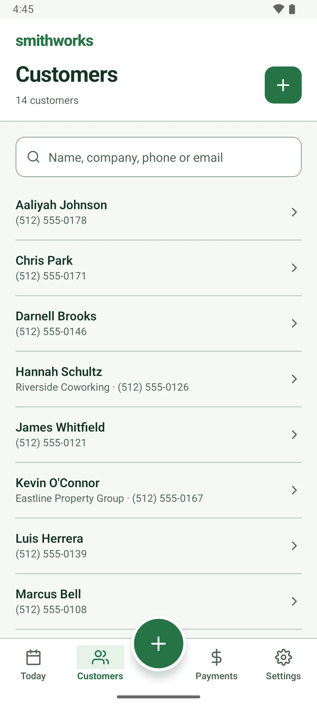 The Customers tab: 14 customers, a search box for name, company, phone or email, and a list of names with phone numbers and companies, such as Hannah Schultz of Riverside Coworking and Kevin O'Connor of Eastline Property Group.