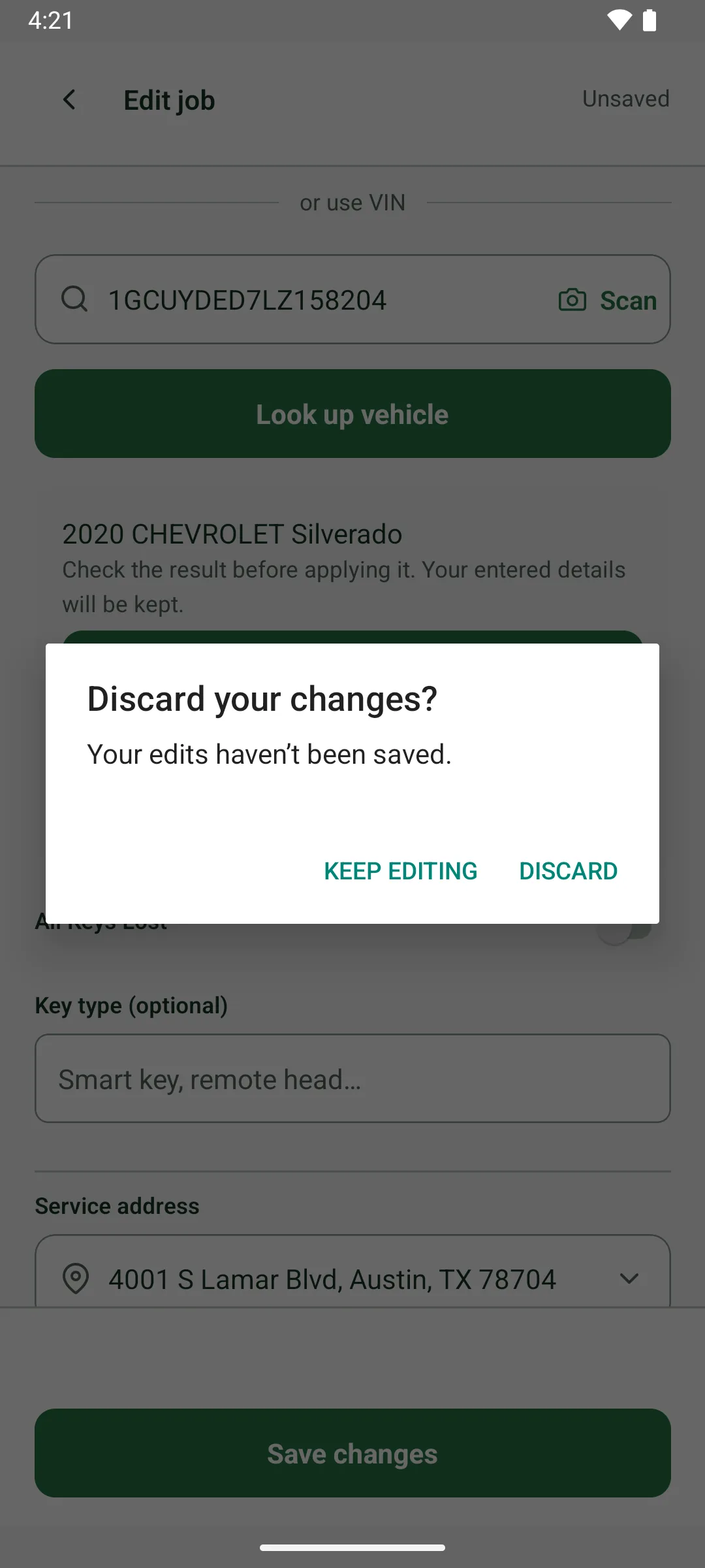 A Discard your changes? dialog over Edit job: Your edits haven't been saved. Keep editing or Discard.