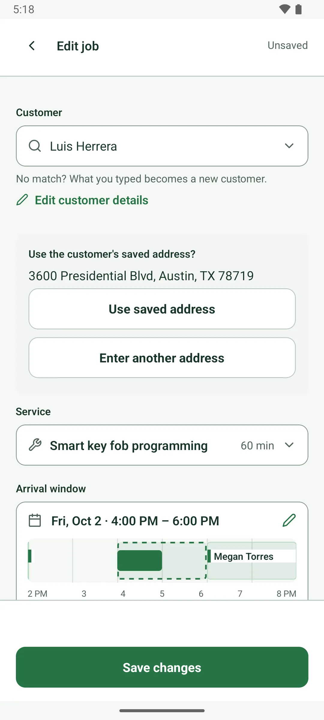 Edit job after switching the customer to Luis Herrera: a box asks Use the customer's saved address? 3600 Presidential Blvd, Austin, with Use saved address and Enter another address. The arrival window timeline shows Megan Torres's job right after this one.