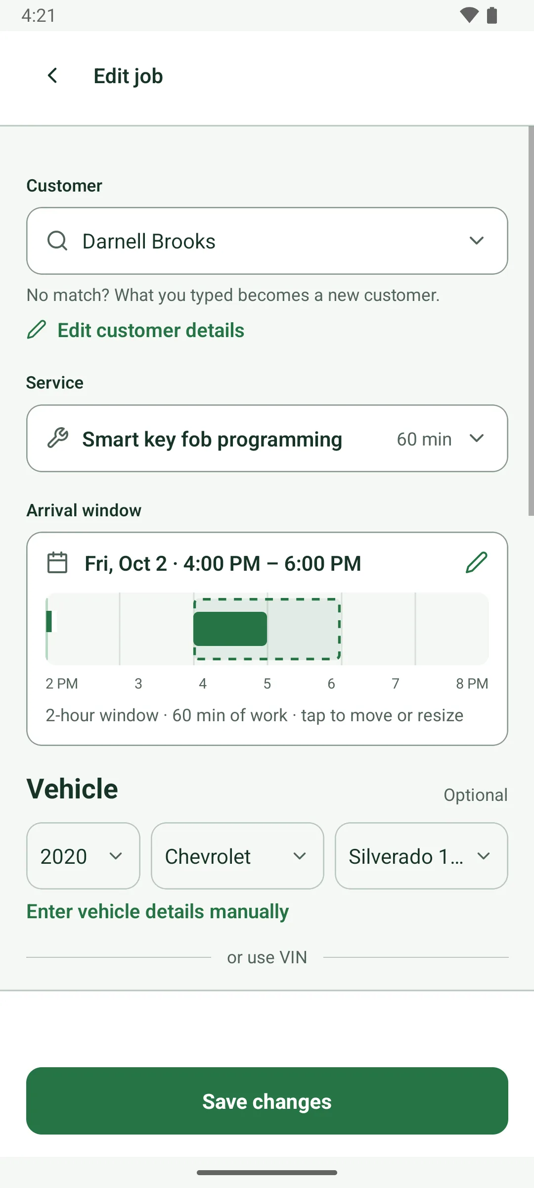 Edit job for Darnell Brooks: the service Smart key fob programming, 60 min, and the arrival window Fri, Oct 2, 4:00 to 6:00 PM on a mini timeline (2-hour window, 60 min of work, tap to move or resize), then the vehicle: 2020 Chevrolet Silverado.