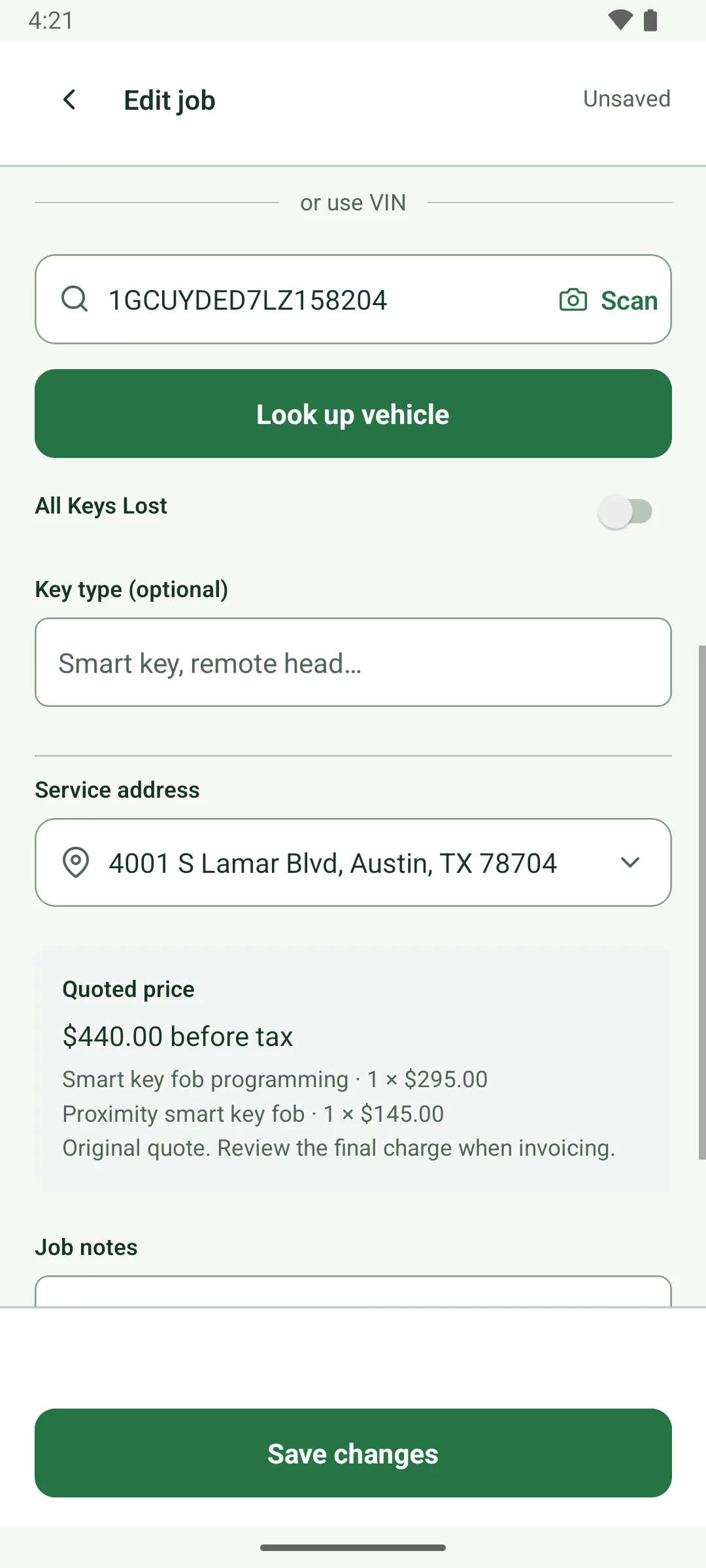 Further down Edit job: a VIN with Scan and Look up vehicle, an All Keys Lost switch, key type, the service address, and the original quote: $440.00 before tax, smart key fob programming and a proximity smart key fob, with a note to review the final charge when invoicing.