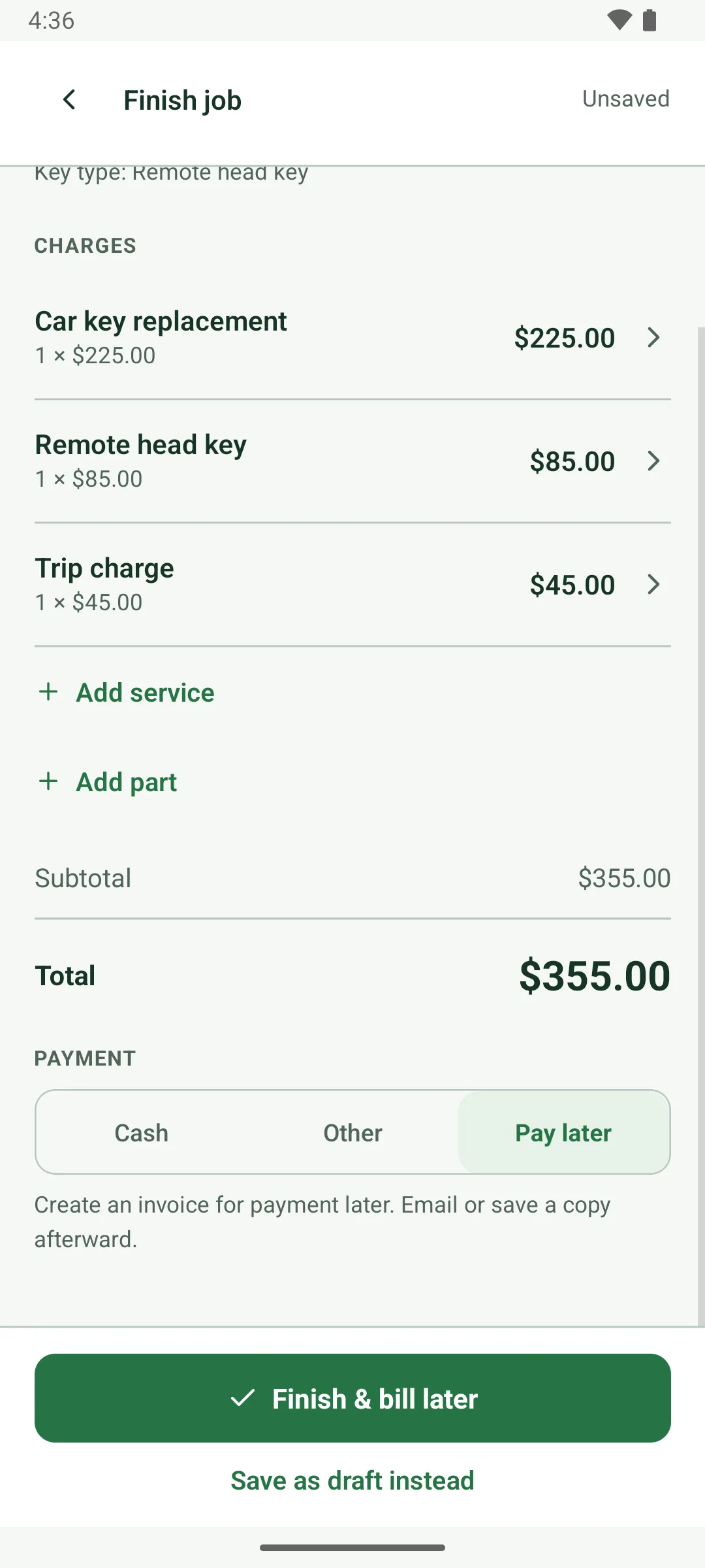 Finish job with Pay later picked: Create an invoice for payment later. Email or save a copy afterward. The button reads Finish & bill later.