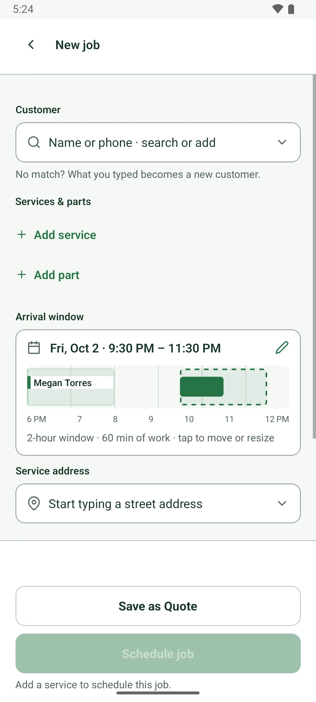 A new job started by holding an empty slot late in the evening: the arrival window is already set to Fri, Oct 2, 9:30 to 11:30 PM, shown on a mini timeline after Megan Torres's job. Customer, Add service and Add part are still empty; Schedule job waits for a service.