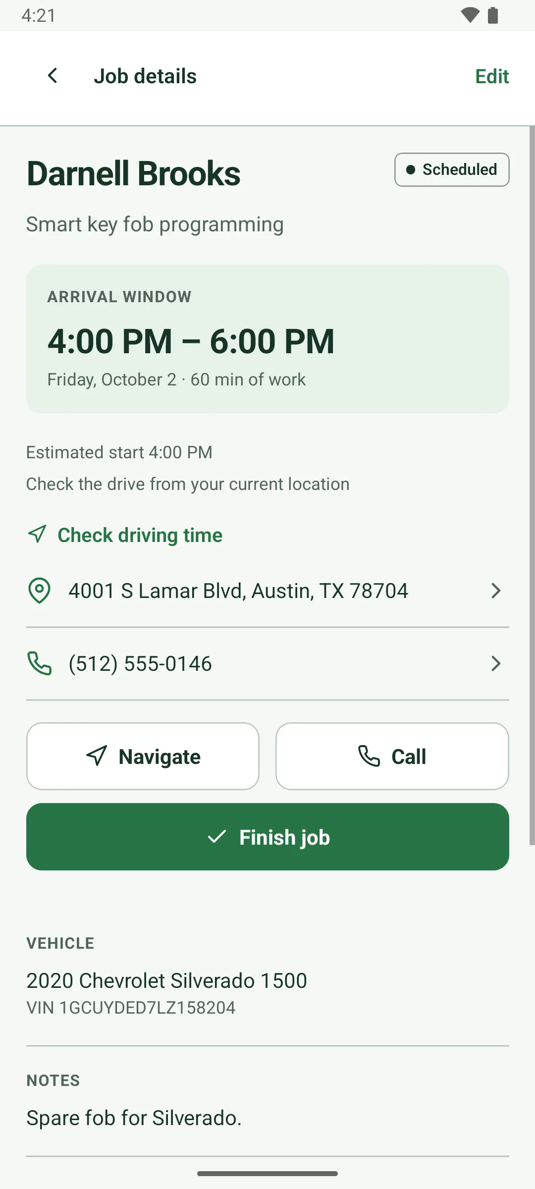 Job details for Darnell Brooks, smart key fob programming, marked Scheduled. Arrival window 4:00 to 6:00 PM, Friday, October 2, 60 min of work, estimated start 4:00 PM, Check driving time, the address and phone, Navigate and Call buttons and a green Finish job button. Vehicle: 2020 Chevrolet Silverado 1500 with its VIN. Notes: Spare fob for Silverado.