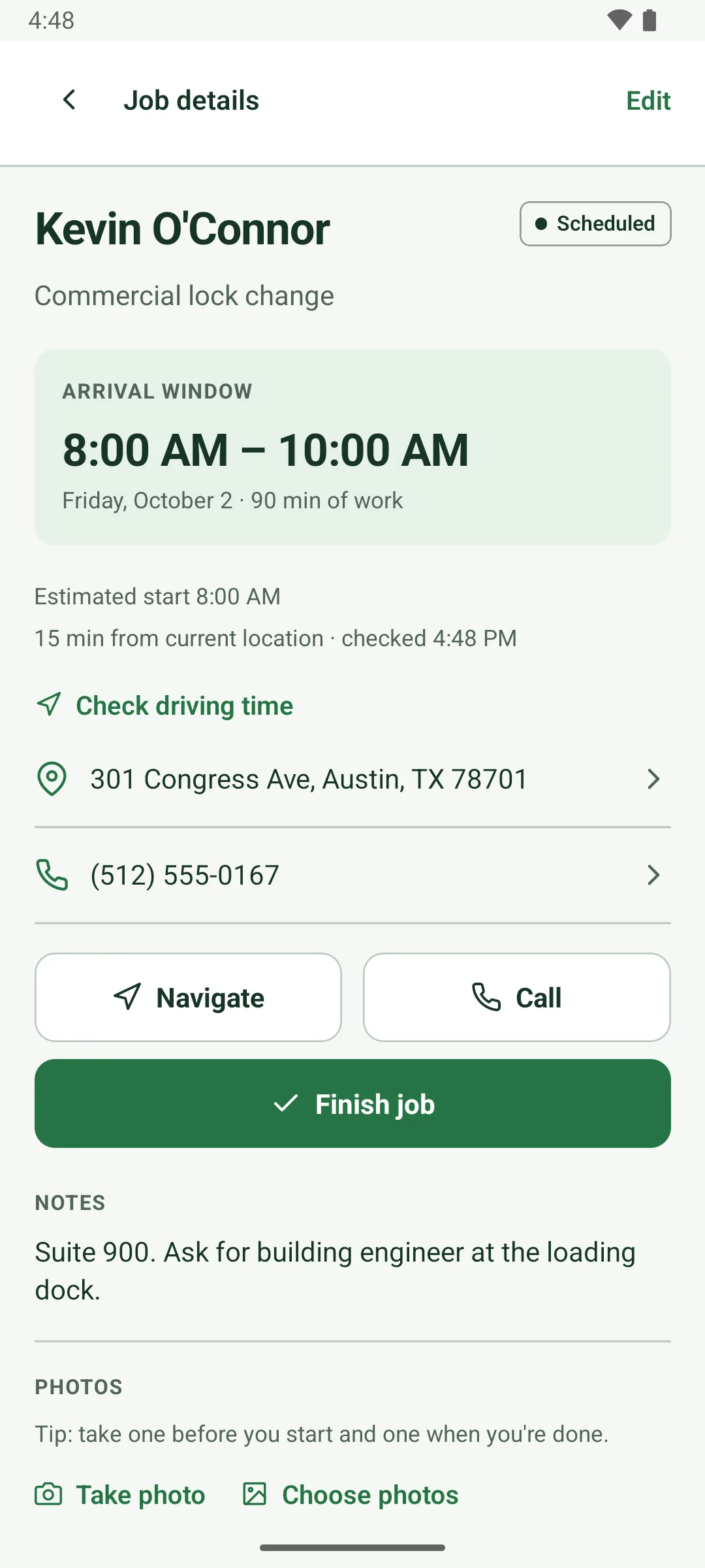 Job details for Kevin O'Connor, commercial lock change, Scheduled: arrival window 8:00 to 10:00 AM, Friday, October 2, 90 min of work, estimated start 8:00 AM, 15 min from current location, checked 4:48 PM. Navigate, Call, Finish job and the note Suite 900. Ask for building engineer at the loading dock.
