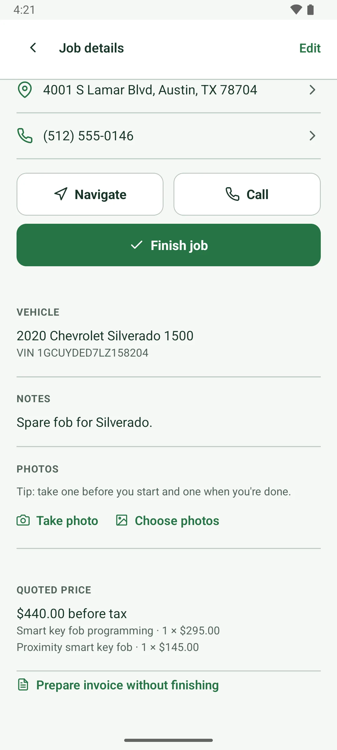 Lower on Darnell Brooks's job: Navigate, Call and Finish job, the vehicle and VIN, notes, Photos with Take photo and Choose photos, and the quoted price, $440.00 before tax, from two lines. A link reads Prepare invoice without finishing.
