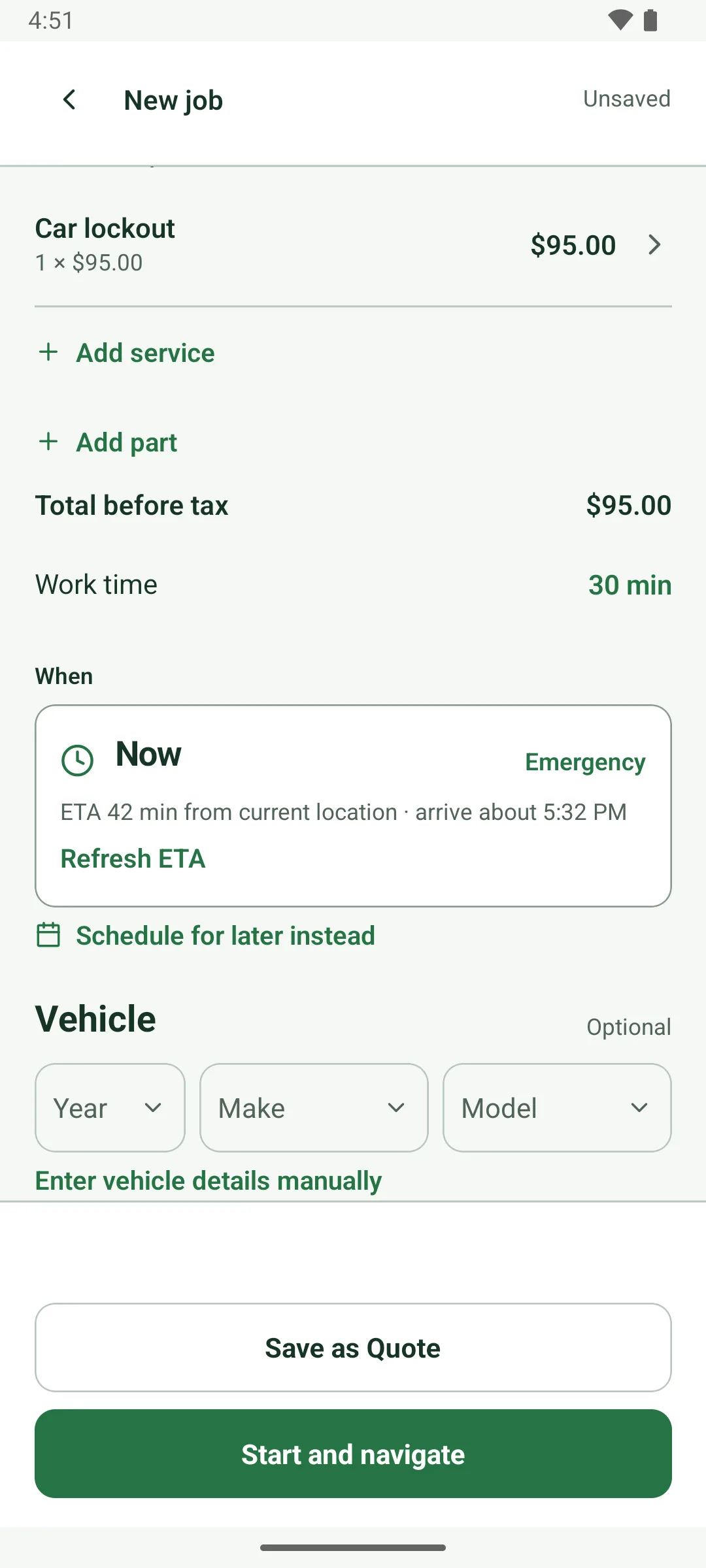 A new emergency job, Car lockout, $95.00, work time 30 min. When: Now, Emergency, ETA 42 min from current location, arrive about 5:32 PM, with Refresh ETA and Schedule for later instead. The main button reads Start and navigate.
