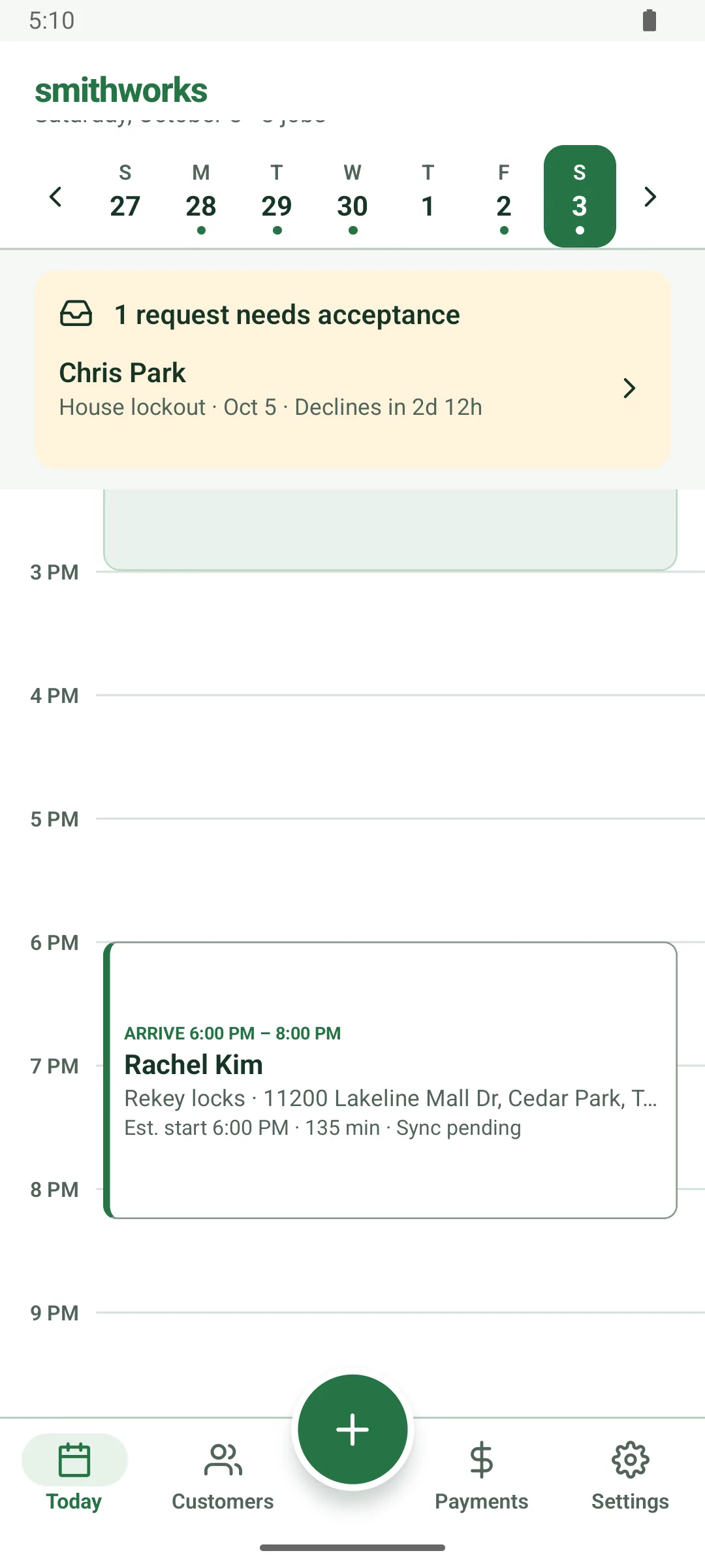 The Today screen for Saturday, October 3, with no connection: Rachel Kim's rekey job, arrive 6:00 to 8:00 PM, shows Sync pending on its card.