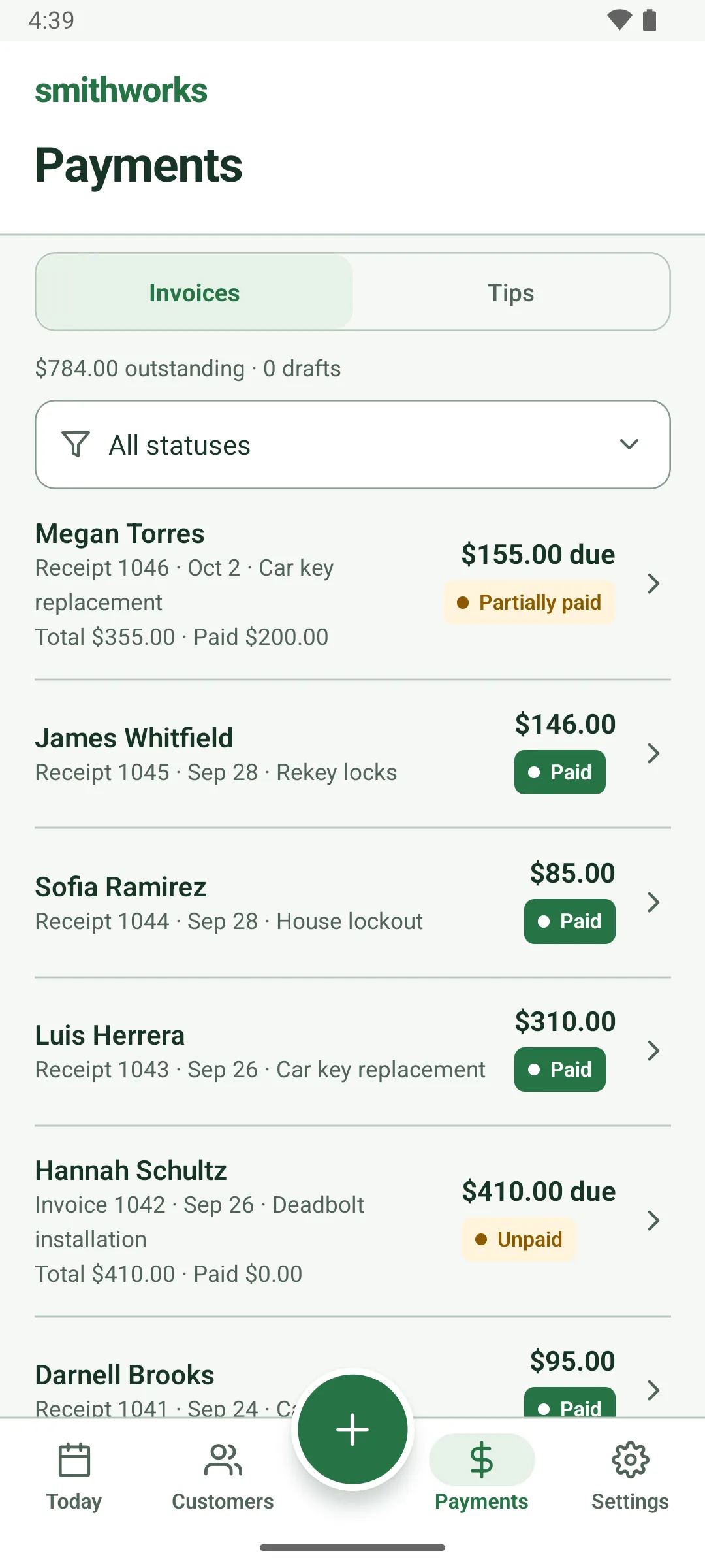 The Payments tab, Invoices: $784.00 outstanding, 0 drafts, an All statuses filter, and invoices newest first. Megan Torres, $155.00 due, Partially paid; James Whitfield $146.00 Paid; Sofia Ramirez $85.00 Paid; Luis Herrera $310.00 Paid; Hannah Schultz, $410.00 due, Unpaid.