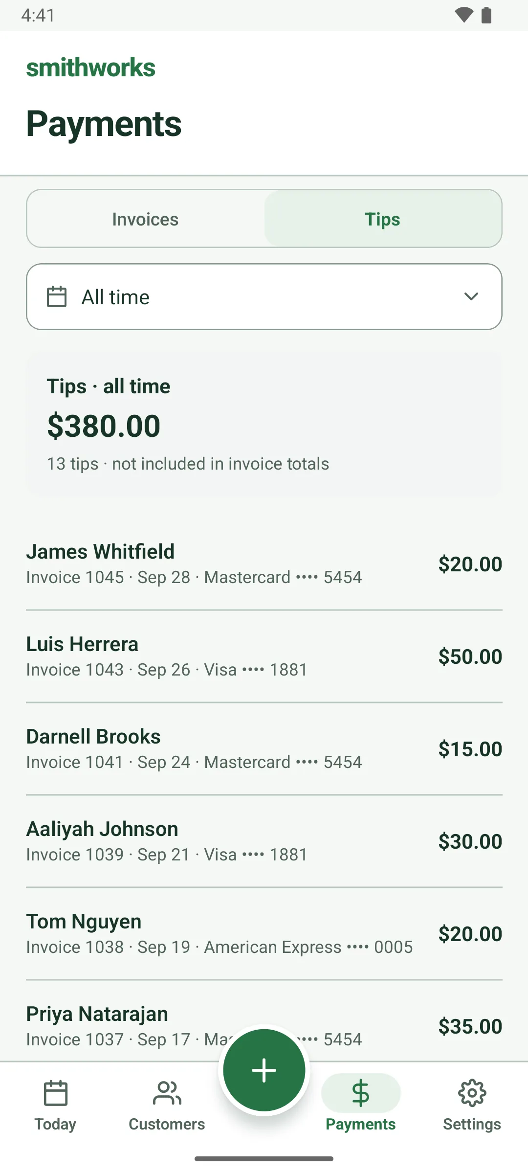 The Payments tab, Tips, all time: $380.00 from 13 tips, not included in invoice totals, listed by customer with invoice number, date and card, such as James Whitfield $20.00 on a Mastercard ending 5454.