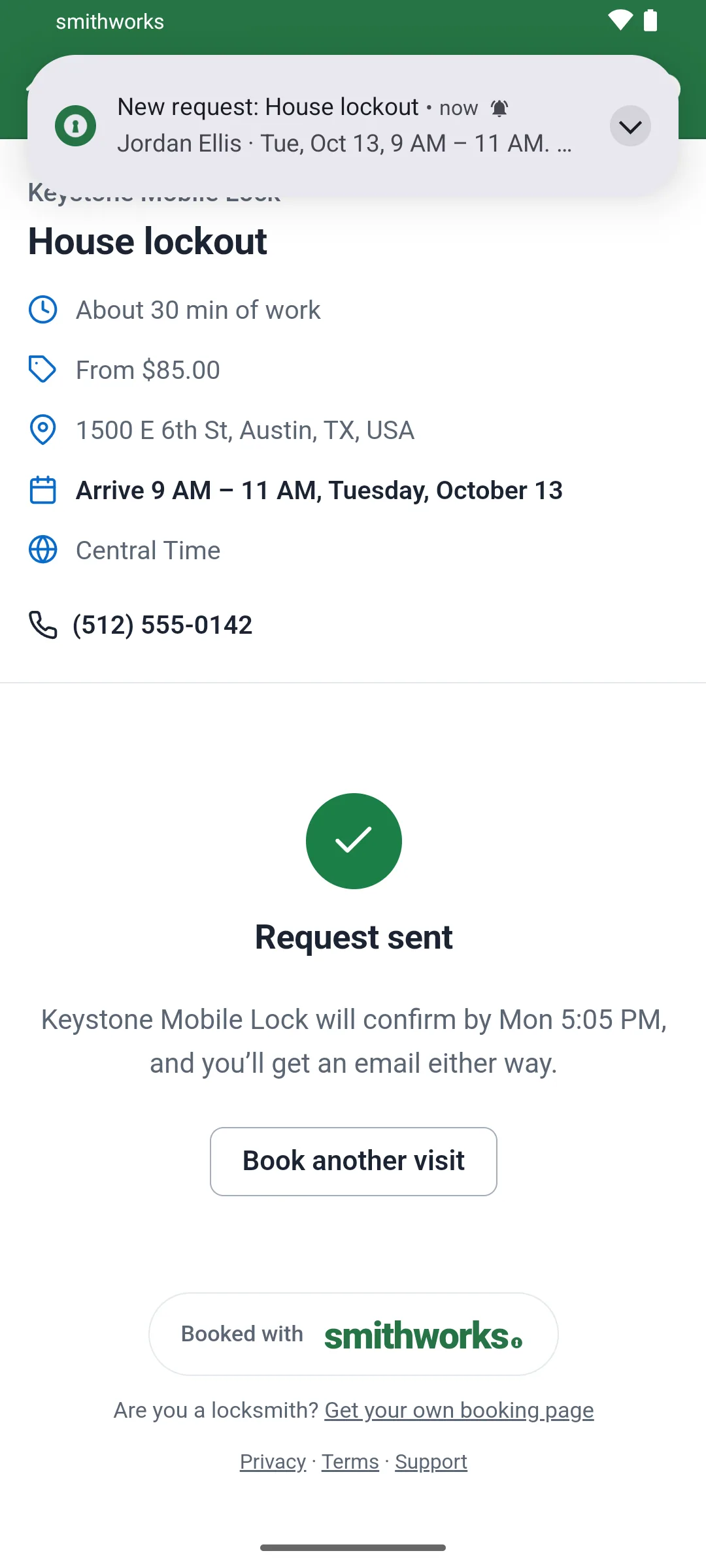 A phone notification, New request: House lockout, Jordan Ellis, Tue, Oct 13, 9 AM to 11 AM, drops over the customer's booking page, which shows Request sent: Keystone Mobile Lock will confirm by Mon 5:05 PM, and you'll get an email either way.