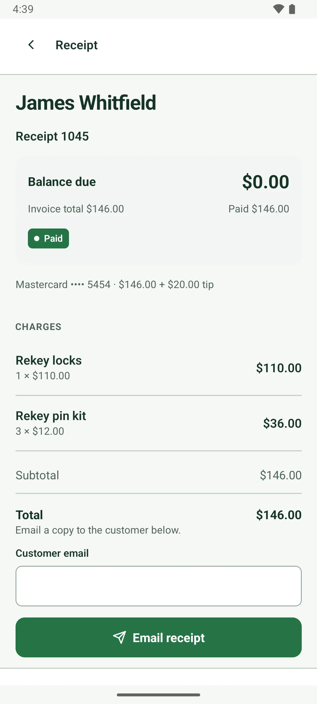 Receipt 1045 for James Whitfield: Balance due $0.00, invoice total $146.00, paid $146.00, marked Paid. The payment line reads Mastercard ending 5454, $146.00 plus a $20.00 tip. Charges: rekey locks and 3 rekey pin kits.