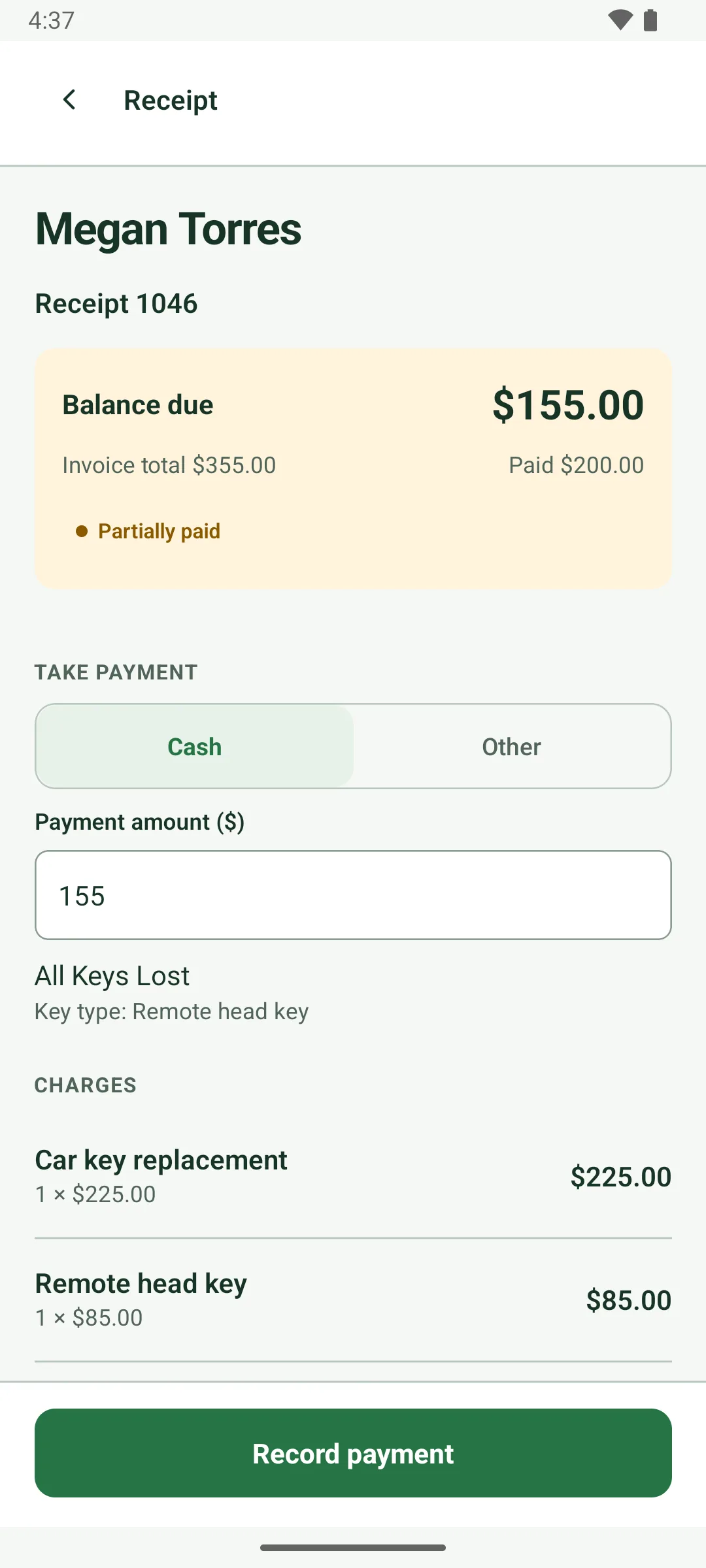 Receipt 1046 for Megan Torres after a part payment: Balance due $155.00 at the top, invoice total $355.00, paid $200.00, marked Partially paid. Take payment with Cash or Other, the amount 155, and Record payment.