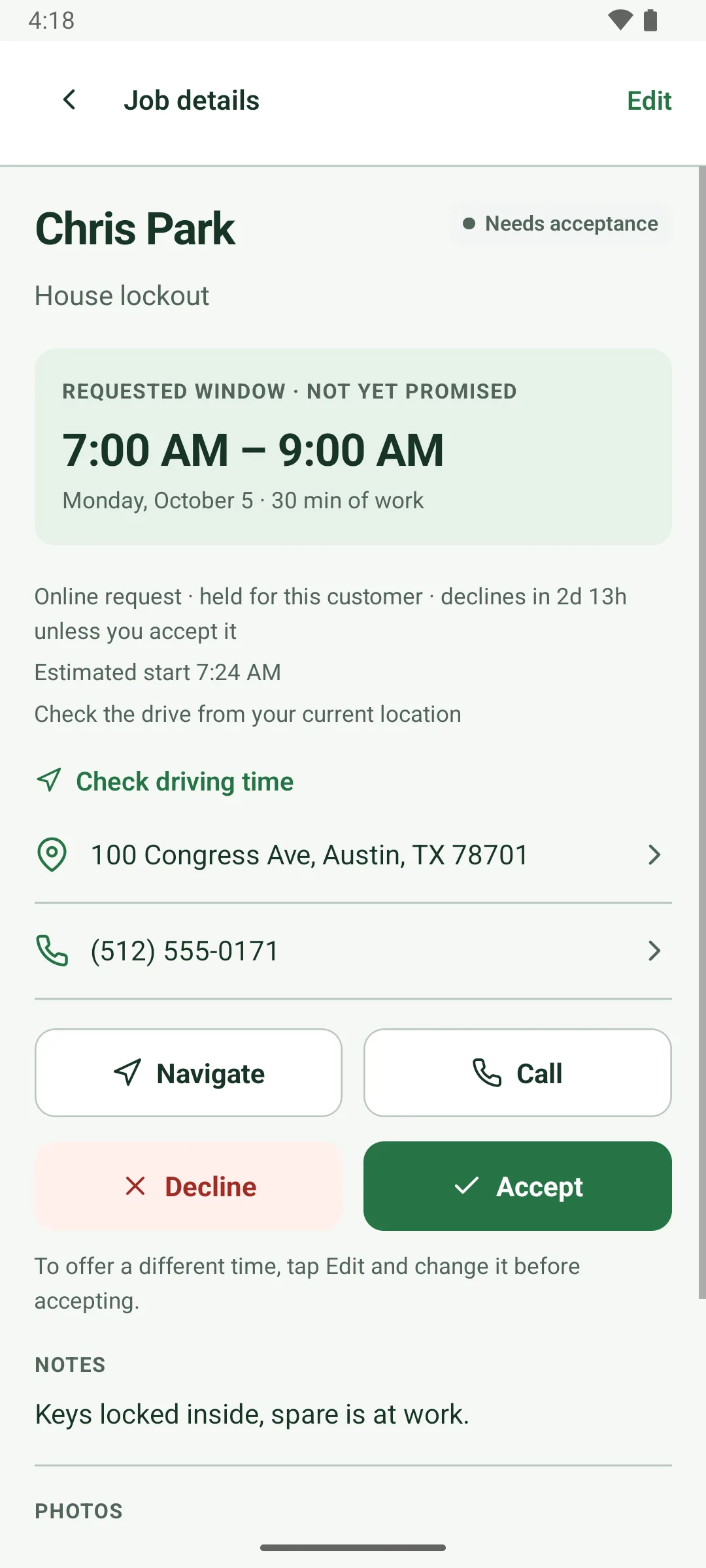 Job details for an online request from Chris Park, house lockout, marked Needs acceptance. Requested window, not yet promised: 7:00 to 9:00 AM, Monday, October 5, 30 min of work. It is held for this customer and declines in 2d 13h unless accepted. Check driving time, the address and phone, Navigate and Call, then Decline and Accept buttons.