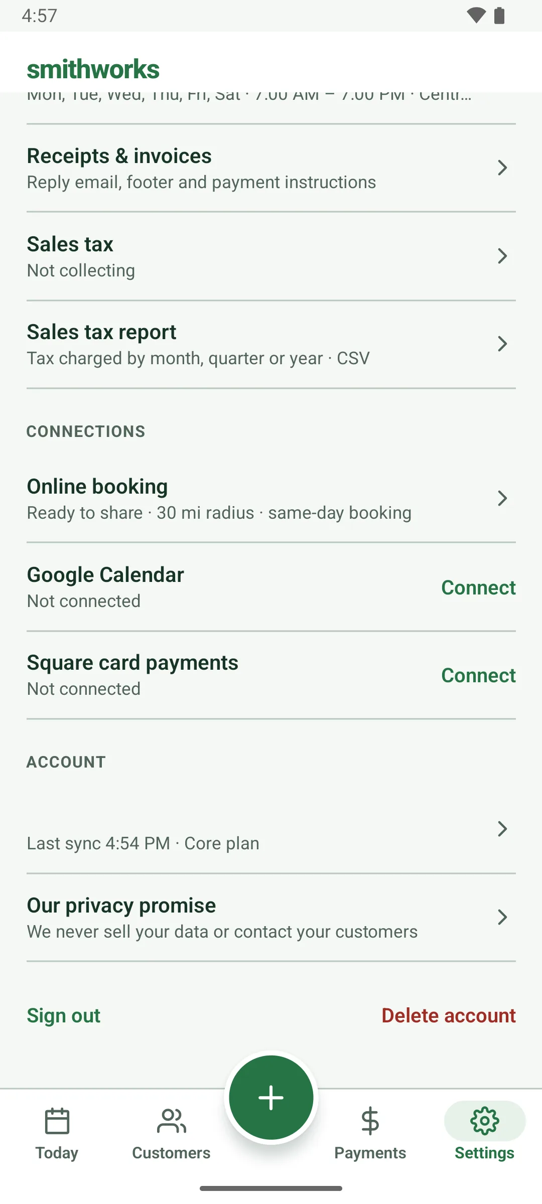 Further down Settings: Online booking, ready to share; Google Calendar, not connected, with Connect; Square card payments, not connected, with Connect; the account row (last sync 4:54 PM); Our privacy promise; Sign out and Delete account.