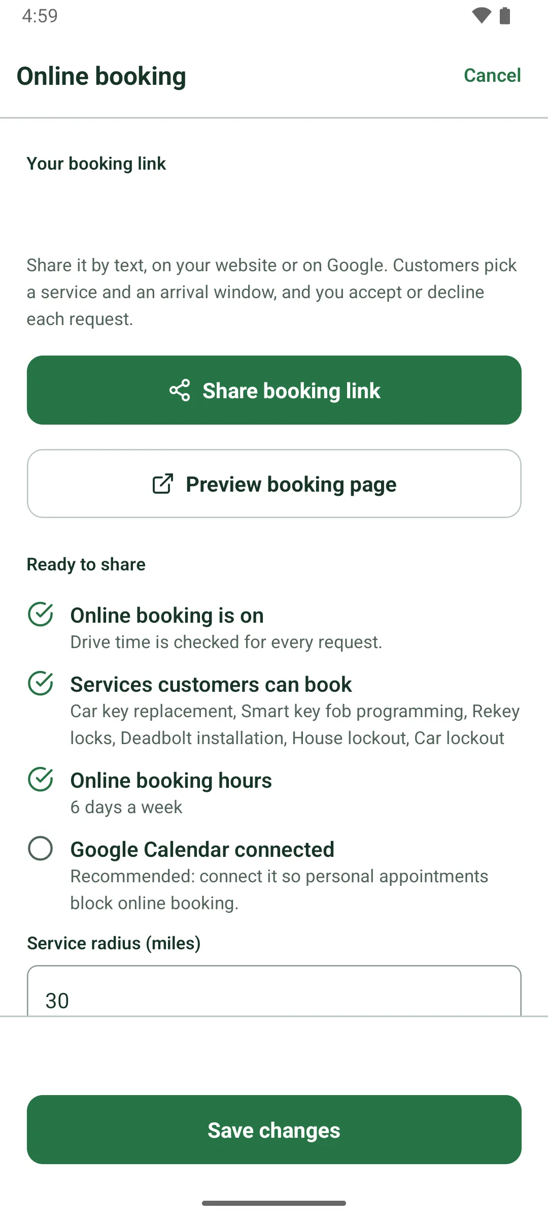 The Online booking sheet: Share booking link and Preview booking page buttons, then a Ready to share checklist: online booking is on, services customers can book, online booking hours 6 days a week, and Google Calendar connected (recommended, not done yet). The service radius is 30 miles.