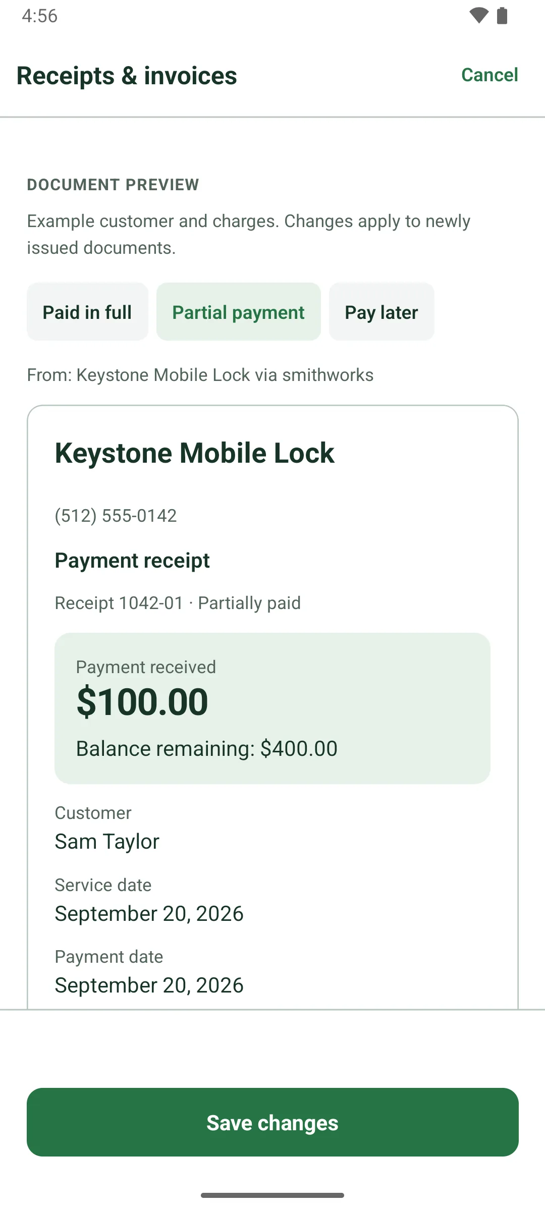 Receipts & invoices settings with a document preview for a partial payment: Keystone Mobile Lock, payment receipt, payment received $100.00, balance remaining $400.00, for the app's example customer Sam Taylor. Tabs switch between Paid in full, Partial payment and Pay later.