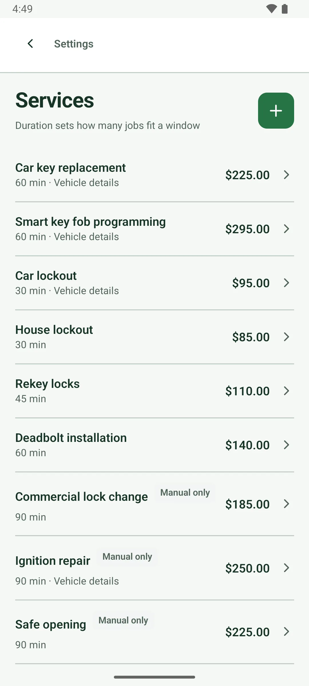 Settings, Services: Duration sets how many jobs fit a window. Each service with its time and price, such as Car key replacement, 60 min, $225.00 and House lockout, 30 min, $85.00; some are tagged Manual only.