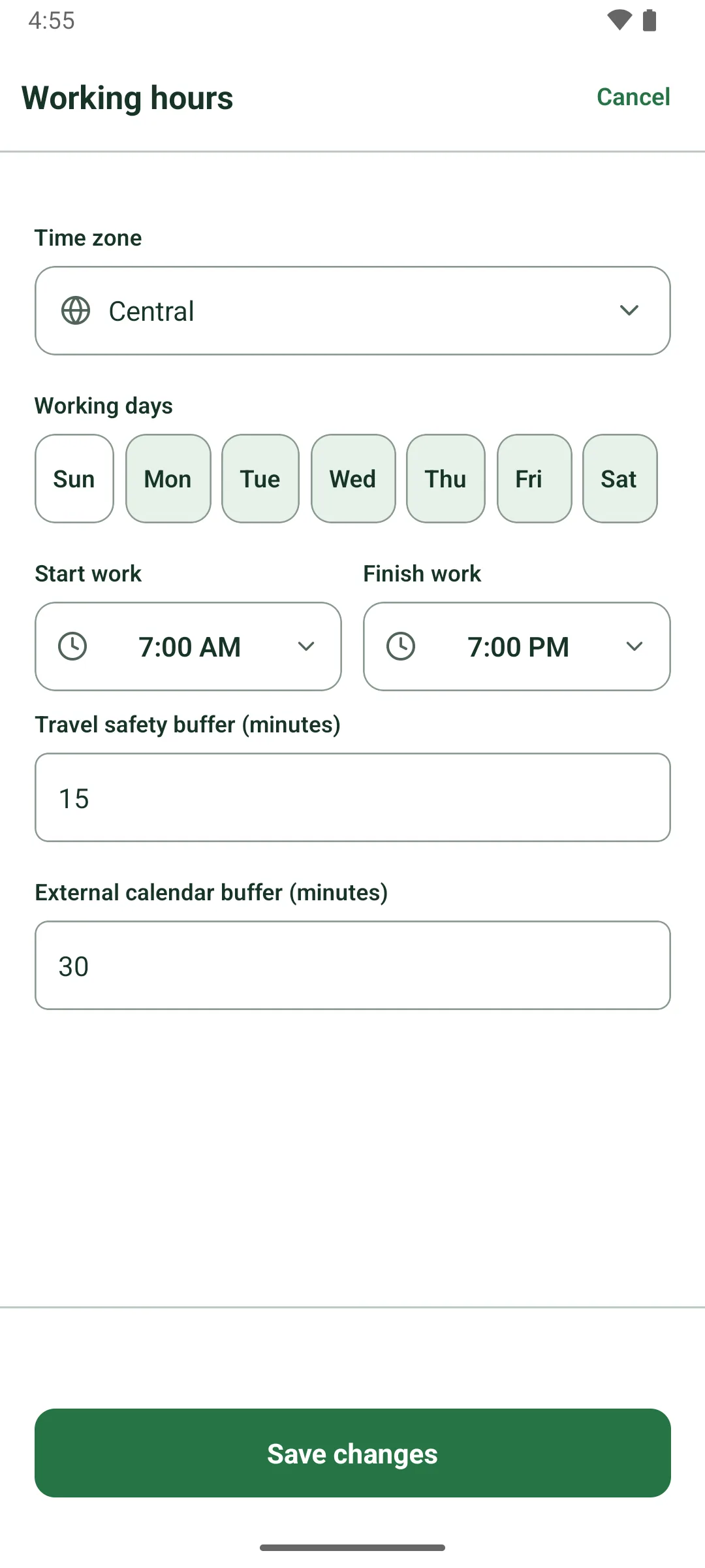 The Working hours sheet: time zone Central, working days Monday to Saturday, start 7:00 AM, finish 7:00 PM, a travel safety buffer of 15 minutes and an external calendar buffer of 30 minutes.