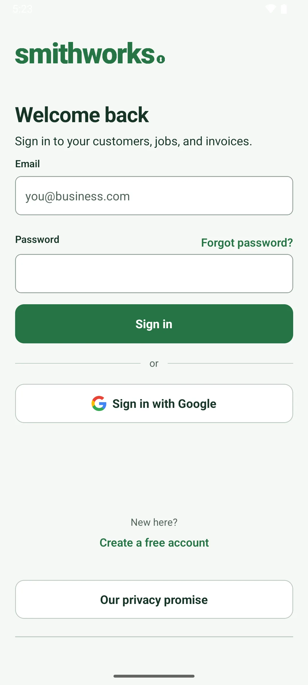 The smithworks sign-in screen: Welcome back. Sign in to your customers, jobs, and invoices. Email and password, Sign in, Sign in with Google, Create a free account and Our privacy promise.