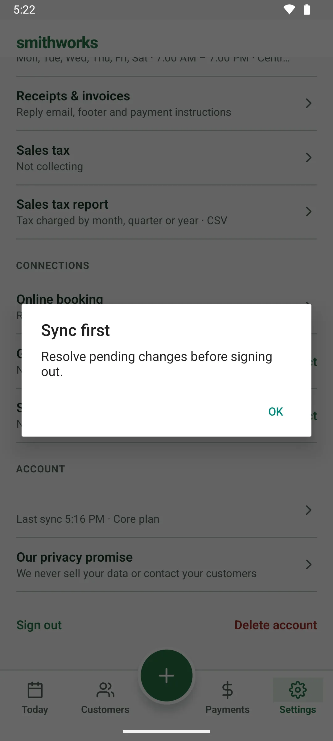 A Sync first dialog over Settings: Resolve pending changes before signing out, with an OK button.