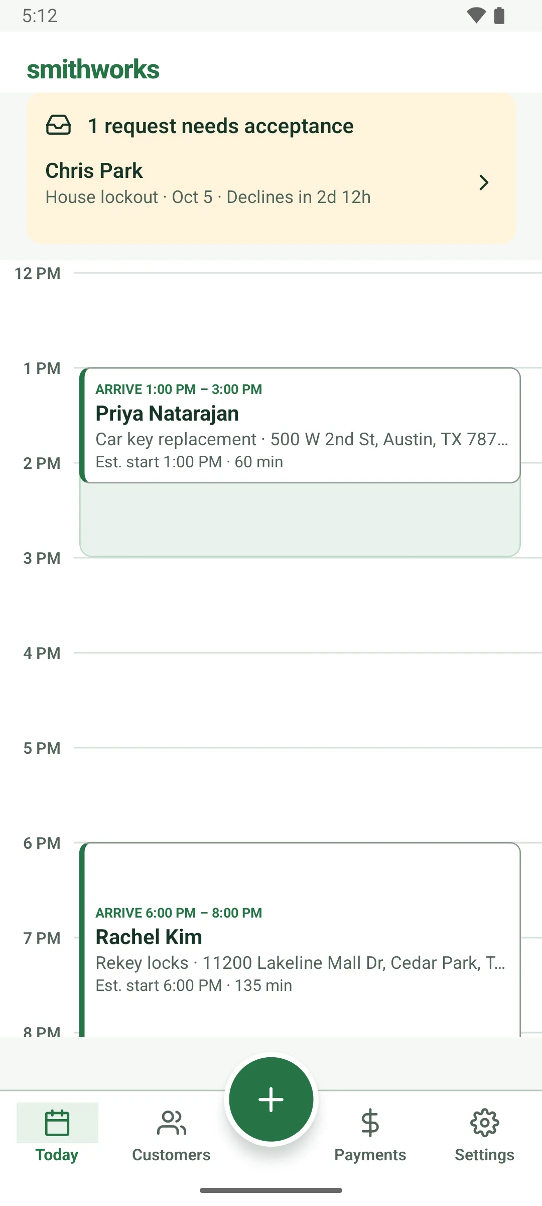 The same Saturday after the connection is back: Rachel Kim's rekey job, arrive 6:00 to 8:00 PM, no longer shows Sync pending. Priya Natarajan's car key job at 1:00 PM is above it.