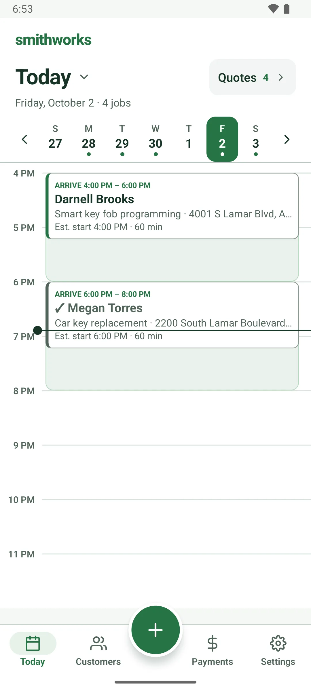 The Today screen for Friday, October 2, with 4 jobs: a week strip with the 2nd selected and a Quotes 4 button. The day grid from 4 PM: Darnell Brooks, arrive 4:00 to 6:00 PM, smart key fob programming at 4001 S Lamar Blvd, estimated start 4:00 PM, 60 min; then a checked-off Megan Torres job, arrive 6:00 to 8:00 PM, car key replacement at 2200 South Lamar Boulevard. Each job sits in a shaded band the length of its arrival window, and the current-time line runs just before 7 PM.