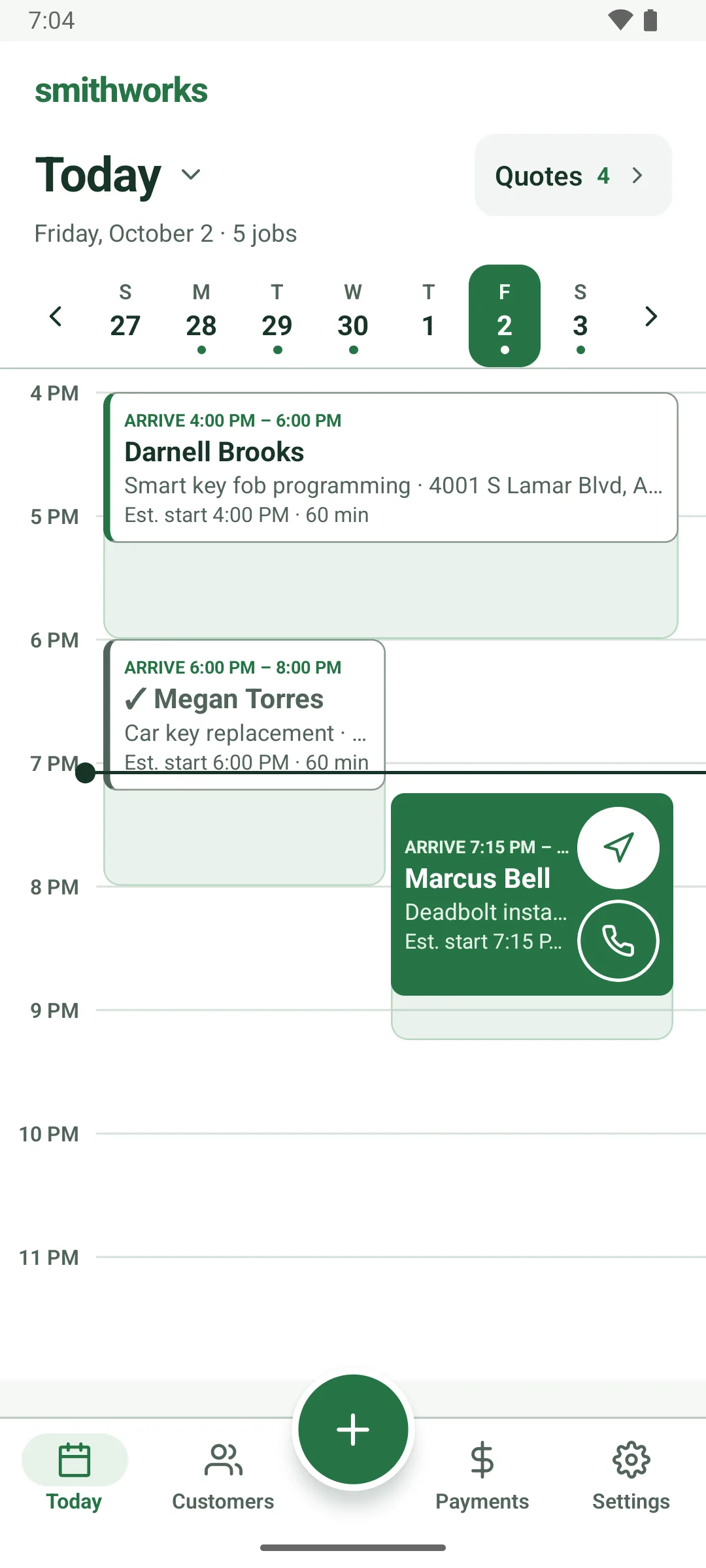 Friday, October 2 on the Today screen, now with 5 jobs: Darnell Brooks, arrive 4:00 to 6:00 PM, the checked-off Megan Torres job, arrive 6:00 to 8:00 PM, and the next job, Marcus Bell, arrive 7:15 PM, deadbolt installation, shown in green with round Navigate and Call buttons. Marcus Bell's window overlaps Megan Torres's, so the two sit side by side. The current-time line runs just before 7 PM.