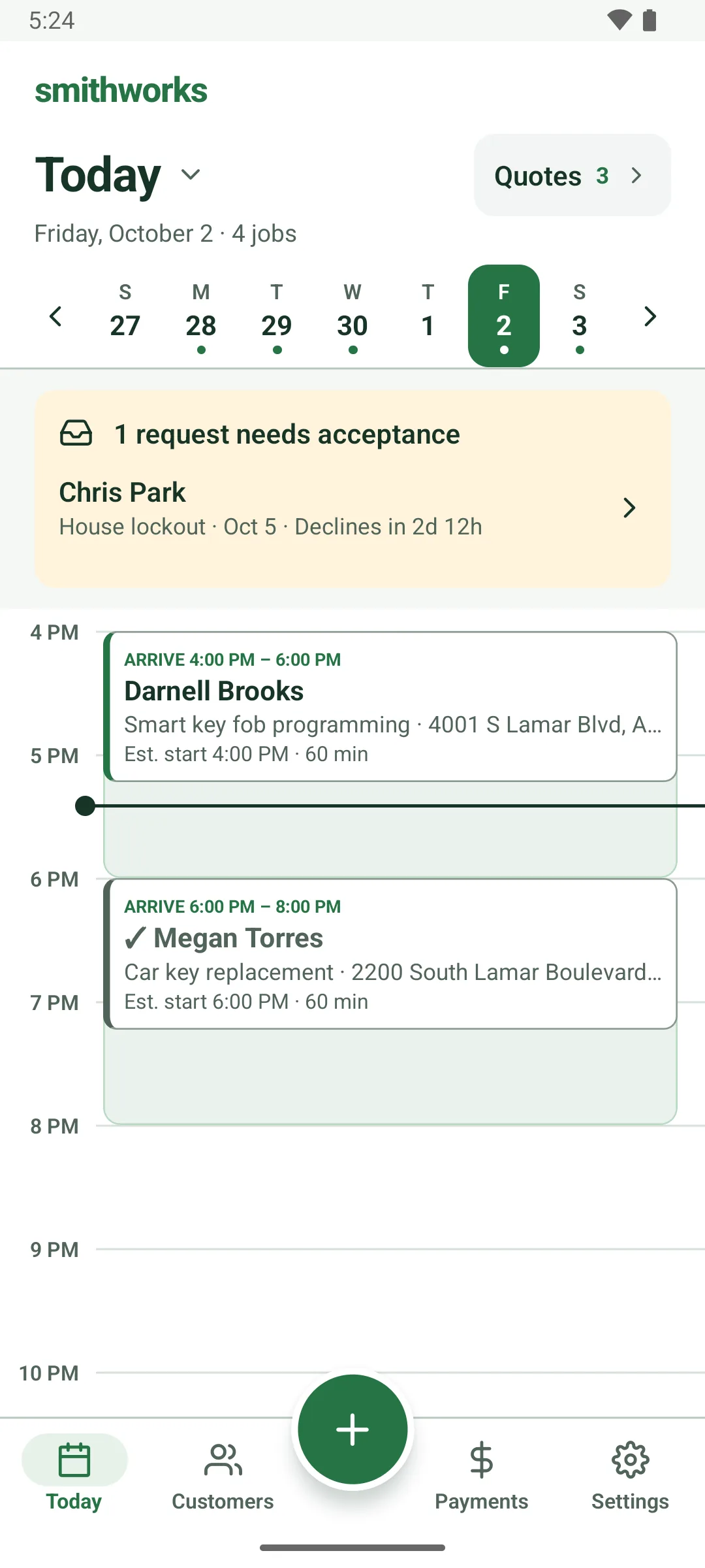 The Today screen for Friday, October 2, with 4 jobs. A week strip with the 2nd selected, a Quotes 3 button, and a banner: 1 request needs acceptance, Chris Park, house lockout, Oct 5, declines in 2d 12h. Below, the day grid from 4 PM: Darnell Brooks, arrive 4:00 to 6:00 PM, smart key fob programming, then a checked-off Megan Torres job, arrive 6:00 to 8:00 PM, car key replacement, with the current-time line between them.