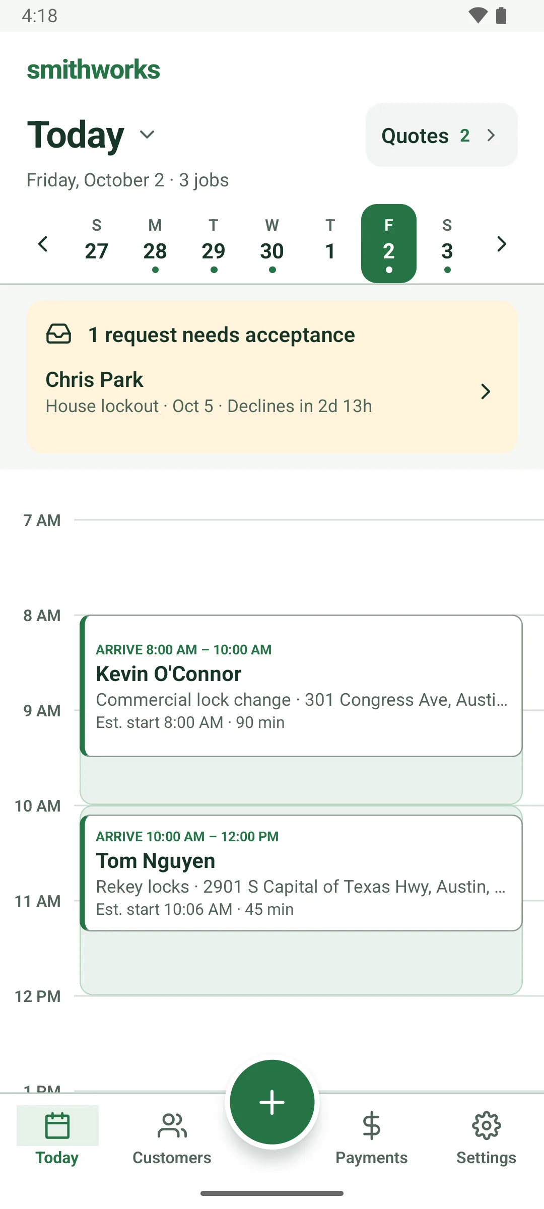 The Today screen's morning: Kevin O'Connor, arrive 8:00 to 10:00 AM, commercial lock change at 301 Congress Ave, estimated start 8:00 AM, 90 min; then Tom Nguyen, arrive 10:00 AM to 12:00 PM, rekey locks, estimated start 10:06 AM, 45 min. Each job sits inside a shaded band the length of its arrival window. A request banner for Chris Park is at the top.