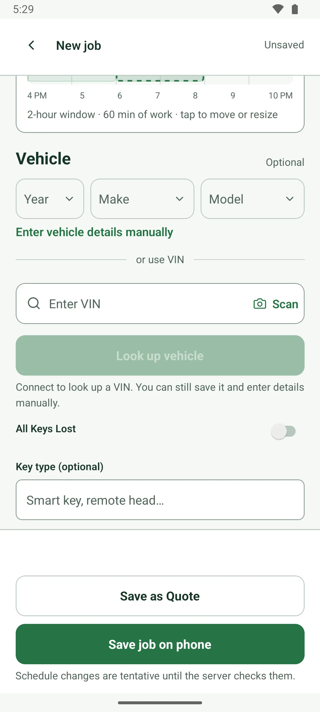 A new job's vehicle section with no connection: year, make and model lists still work, Look up vehicle is off with the note Connect to look up a VIN. You can still save it and enter details manually. The main button reads Save job on phone.