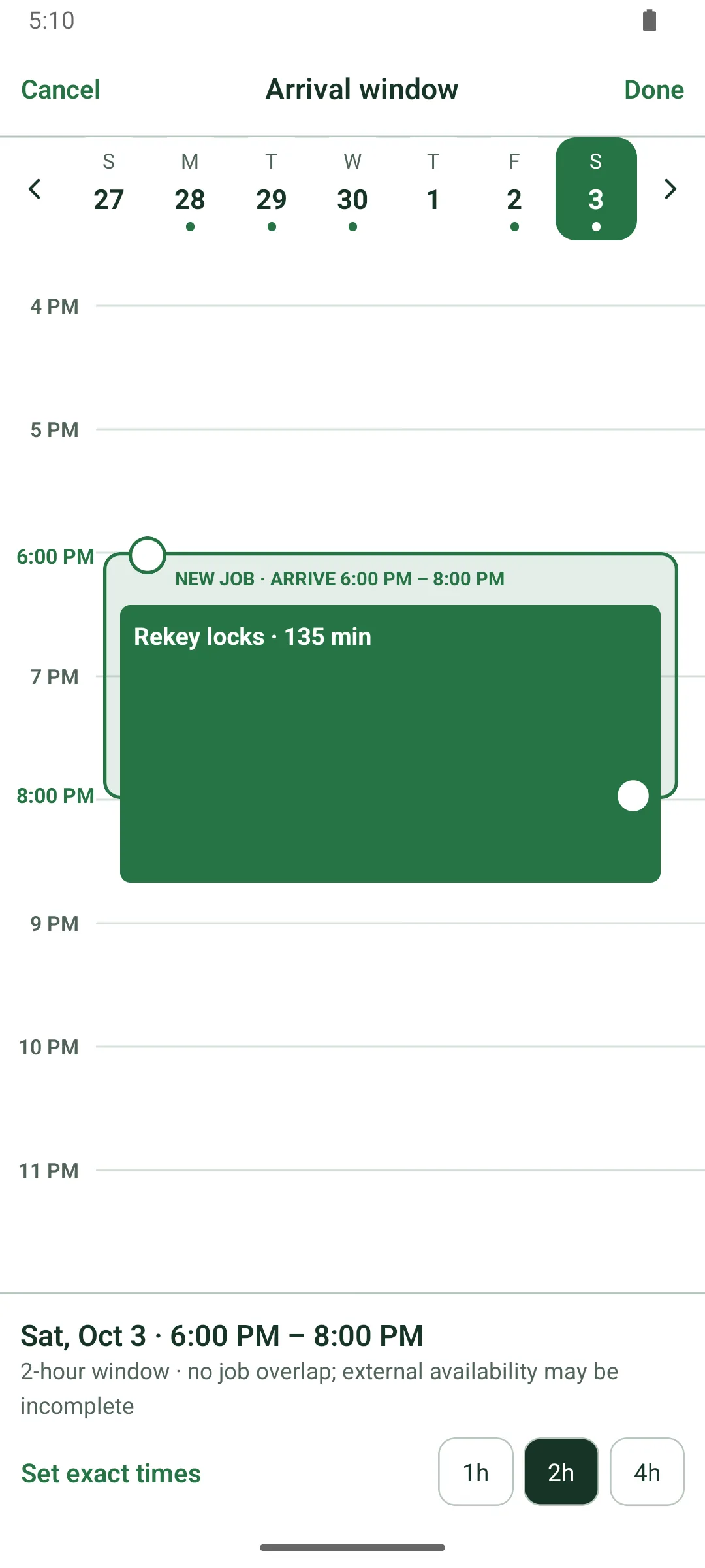 The Arrival window picker for Saturday, October 3: a 6:00 to 8:00 PM arrival window with a Rekey locks, 135 min work block that runs past it. Below: 2-hour window, no job overlap; external availability may be incomplete.